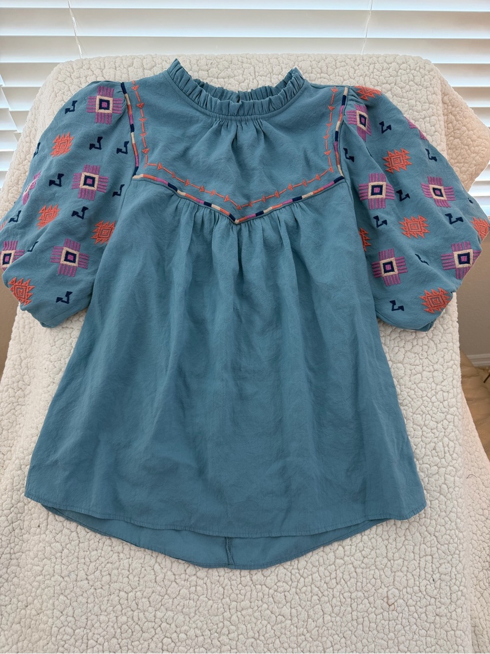 Umgee Teal Embroidered Puff Sleeve Blouse with Pink and Orange Accents
